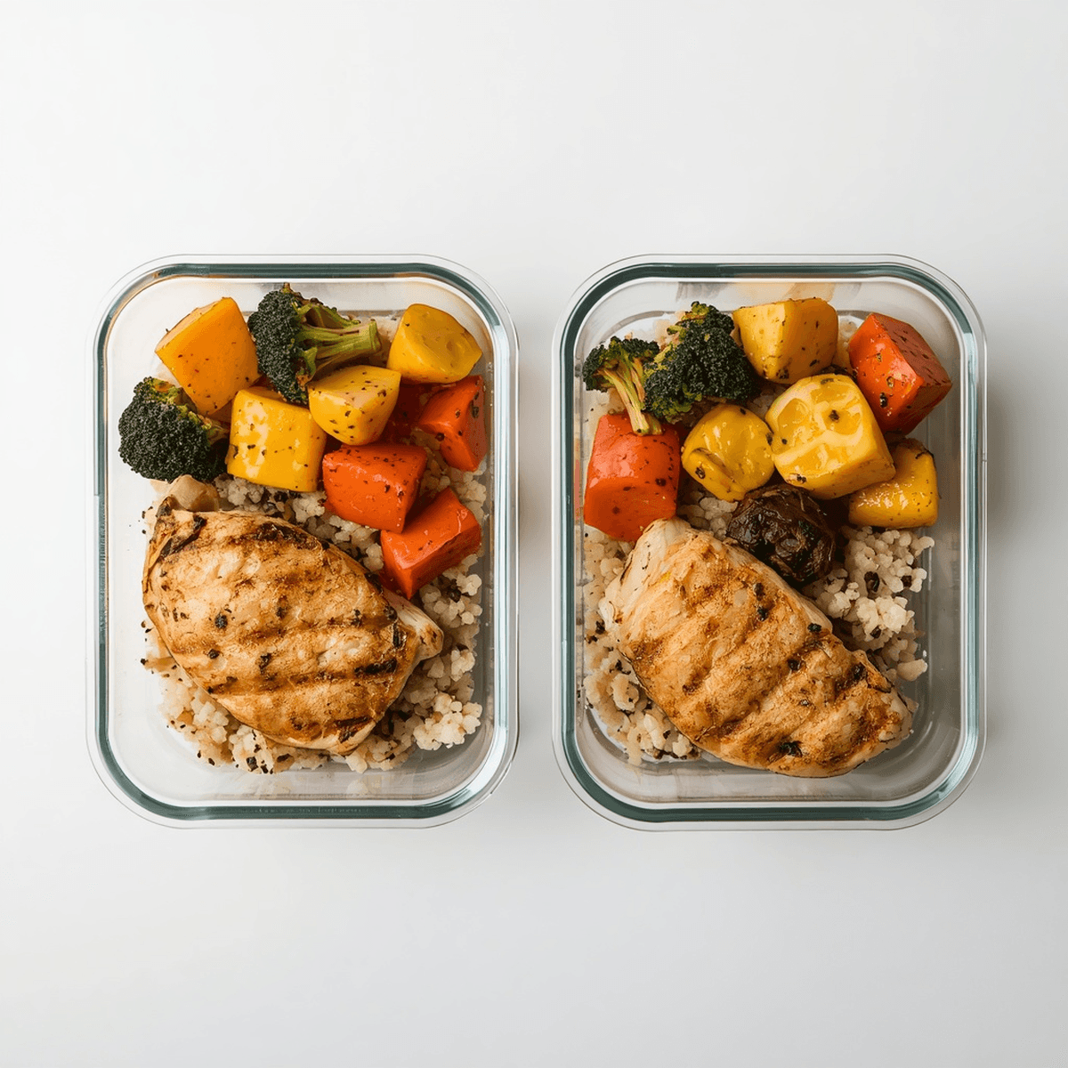 two meal-prep containers with separated grain, protein, and vegetable components ready for the week