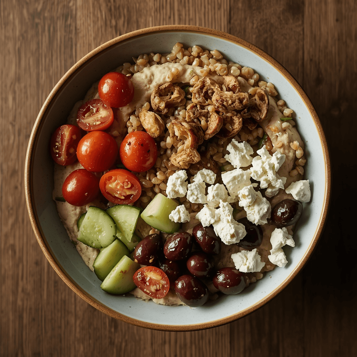 Overhead shot of a Mediterranean-style bowl with farro, hummus, olives, and feta
