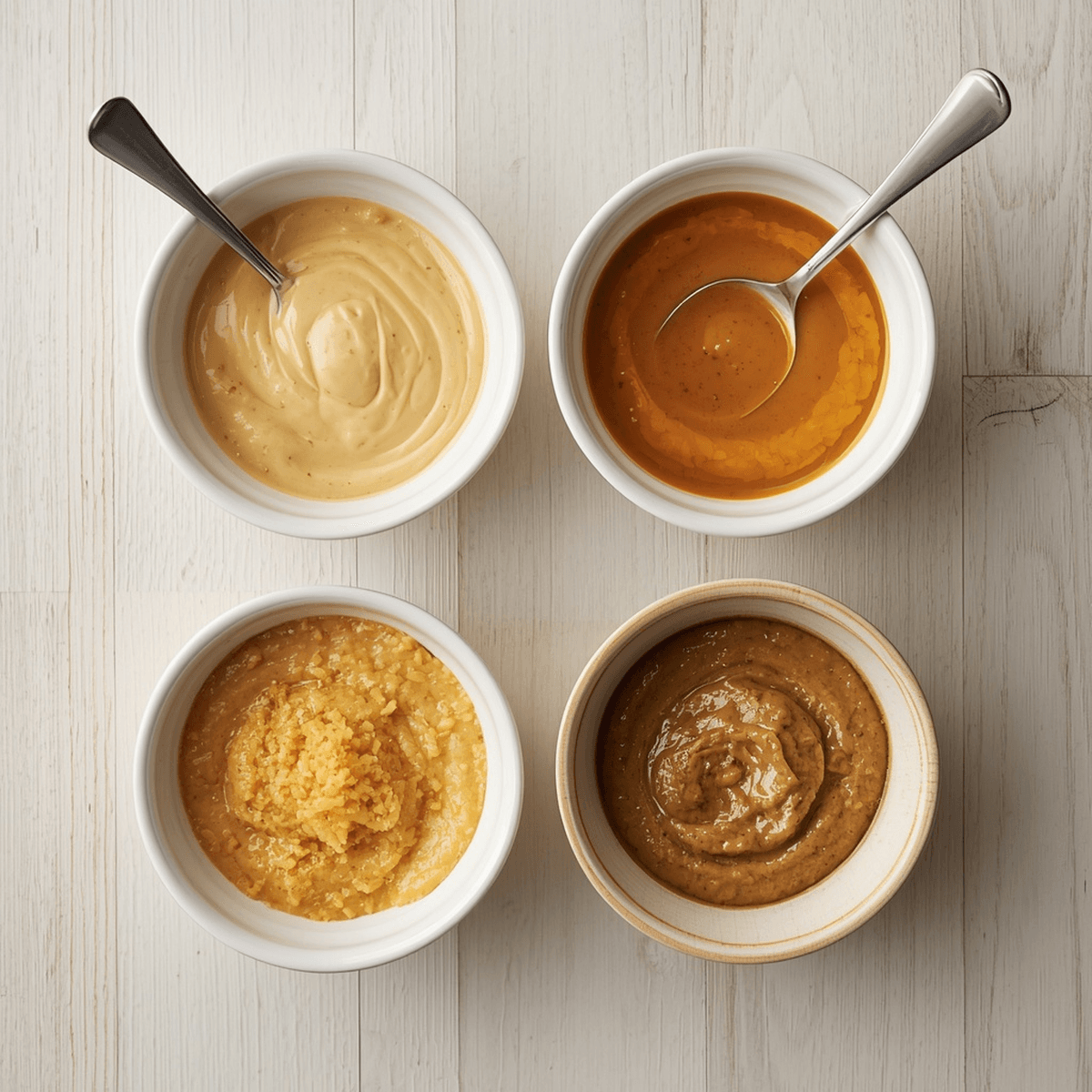 Square overhead shot of four small bowls of dressing arranged on a light wooden surface, one tahini, one carrot-ginger, one peanut, and one miso-ginger, a spoon resting in one bowl