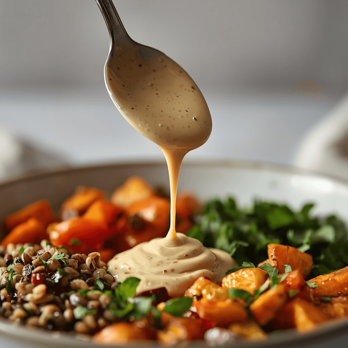  Close-up of tahini dressing being drizzled over a finished grain bowl
