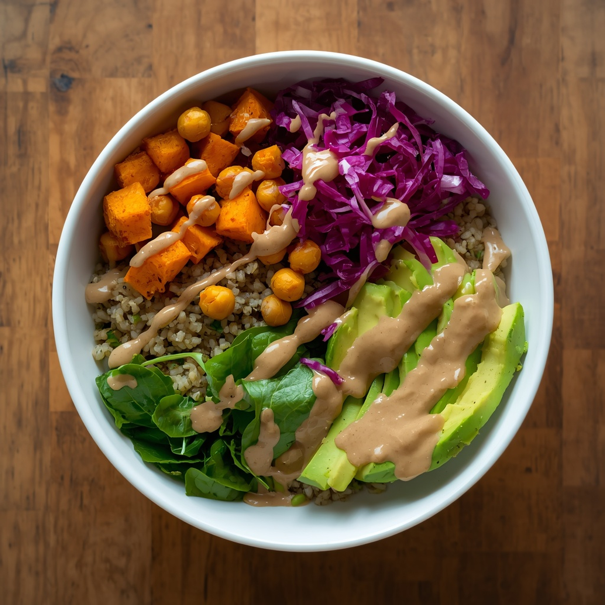 Square overhead shot of a white bowl filled with quinoa, roasted sweet potato, chickpeas, drizzled with tahini dressing, baby spinach, shredded red cabbage, and sliced avocado, on a wooden surface