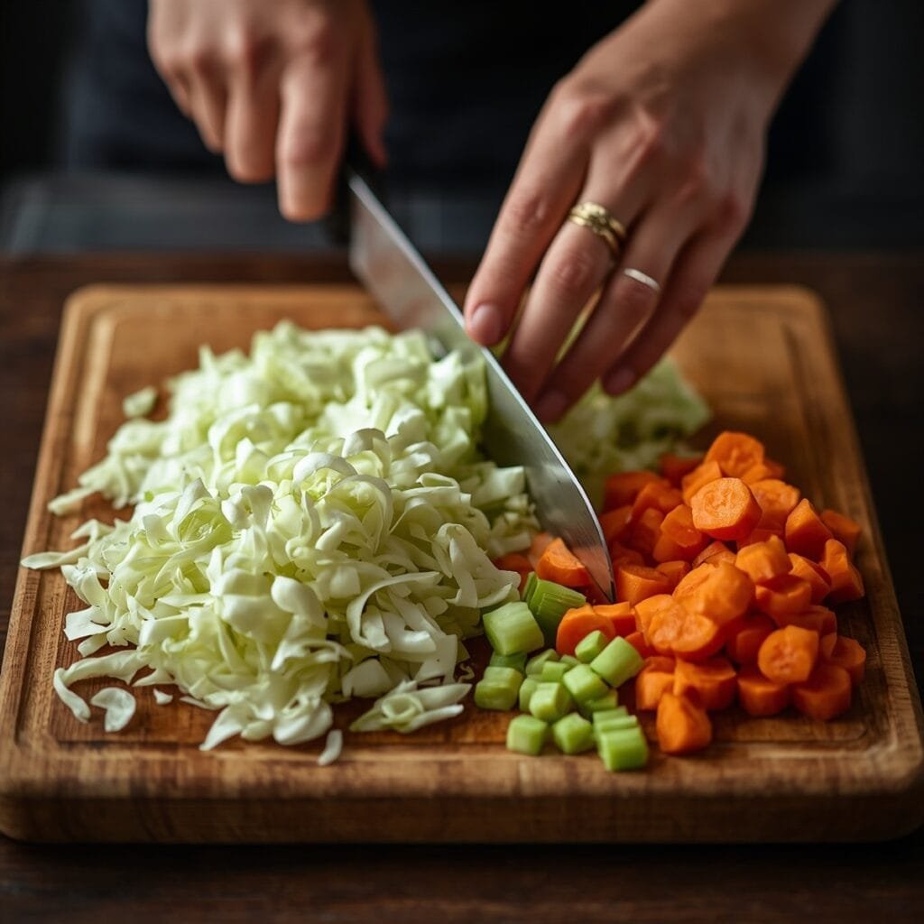 Chopping cabbage and vegetables on a wooden cutting board