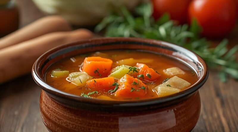 rustic bowl of cabbage soup with carrots, celery, and tomatoes