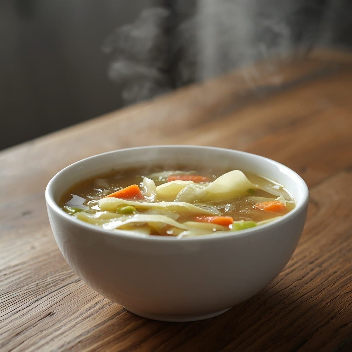 Bowl of cabbage soup diet soup with vegetables on a wooden table