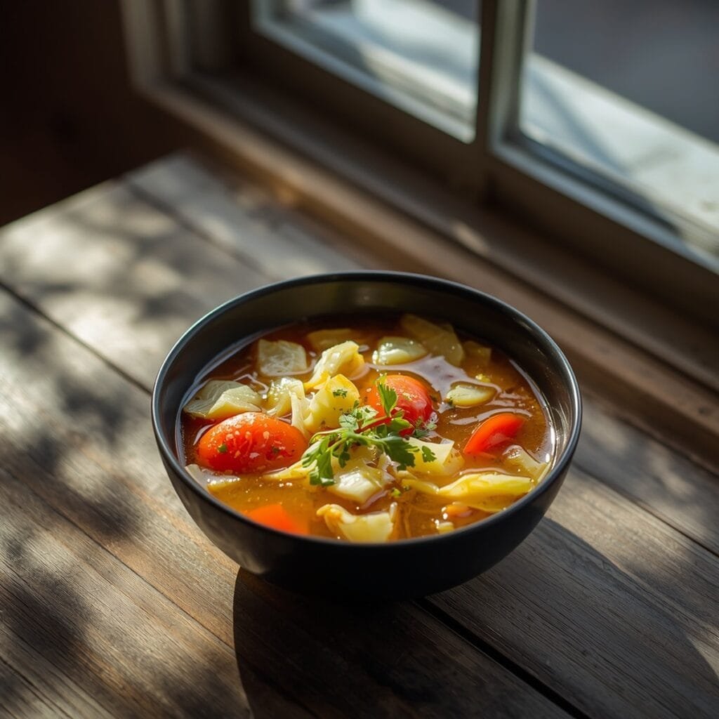 bowl of cabbage soup garnished with fresh herbs, tomatoes, and carrots