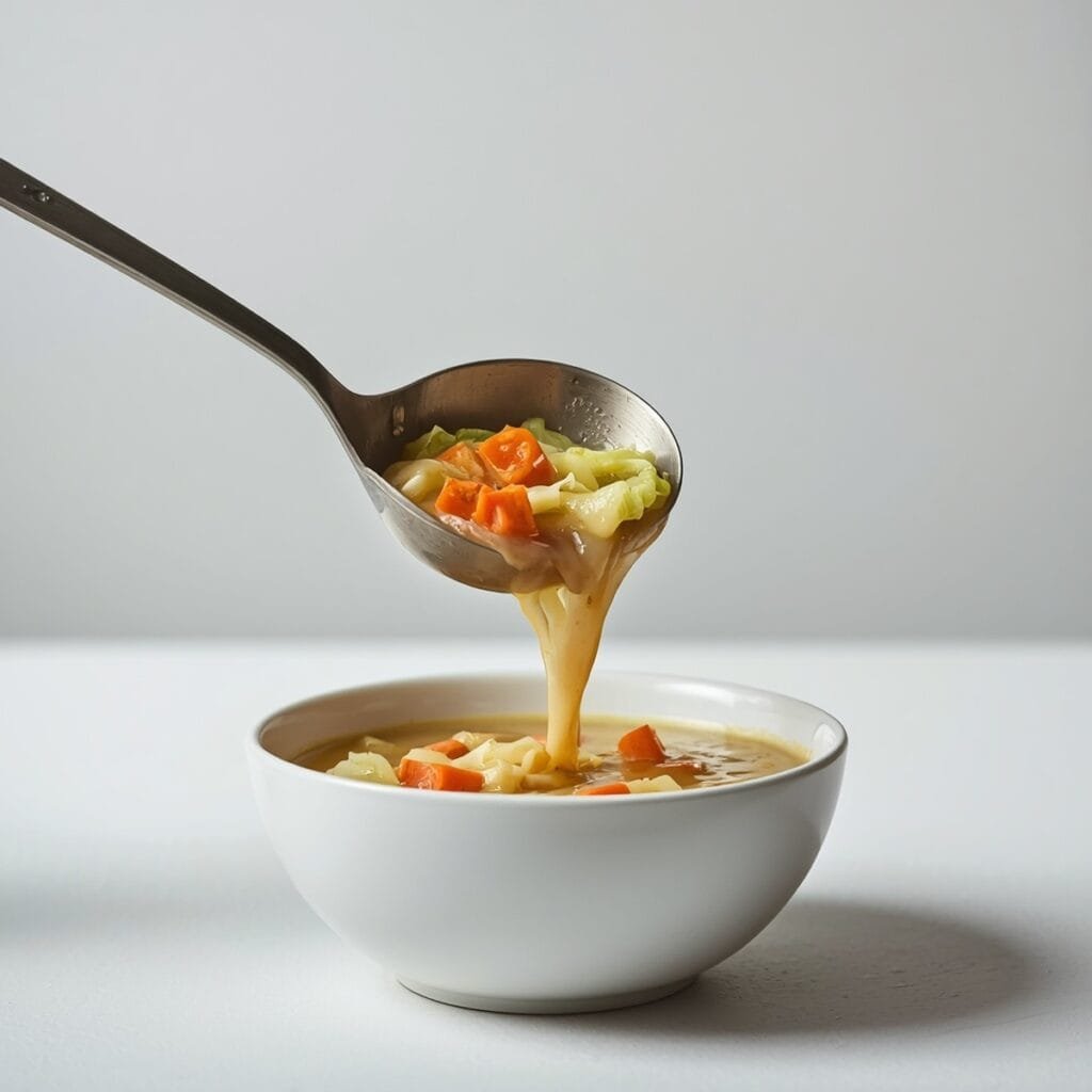 Ladling cabbage soup into a bowl