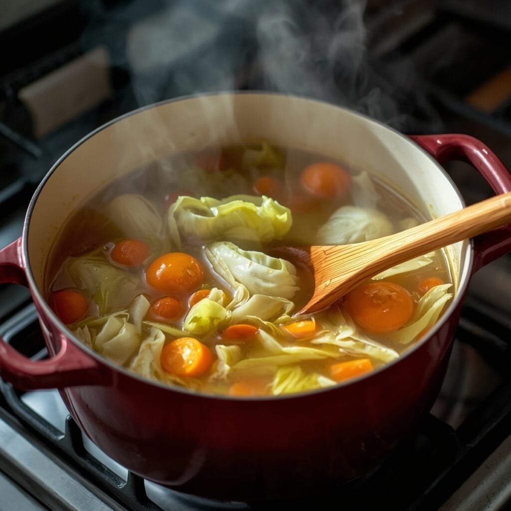 Pot of cabbage soup simmering on the stove