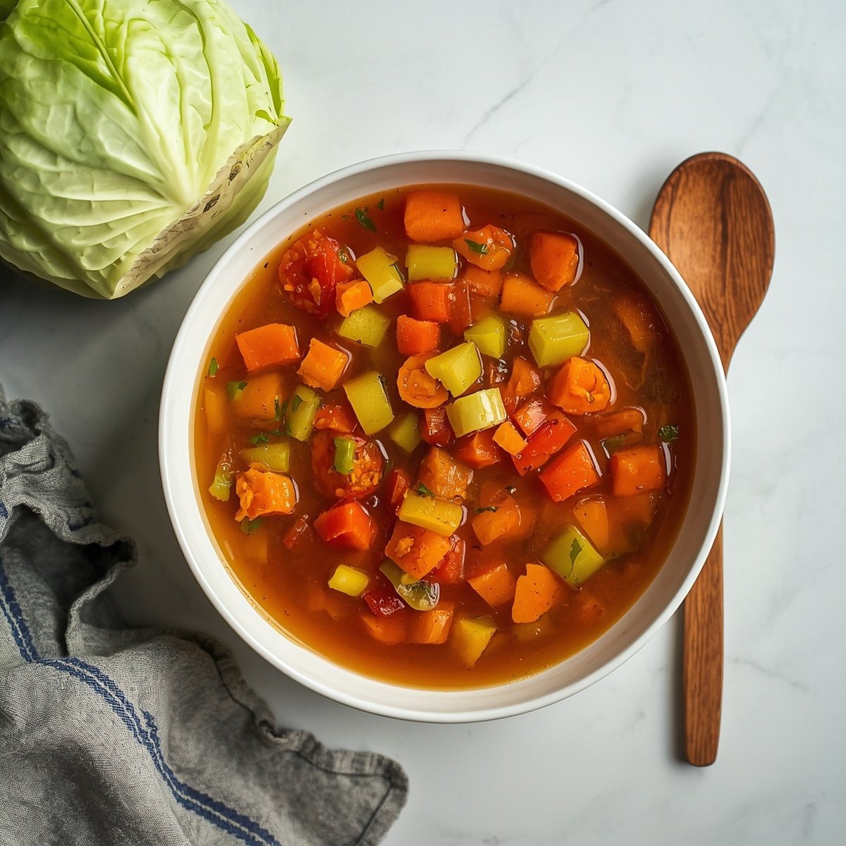 bowl of cabbage soup with carrots, celery, and tomatoes next to a cabbage leaf and wooden spoon