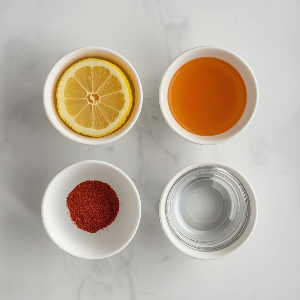  Flat lay of lemons, maple syrup, cayenne pepper, and water in separate bowls