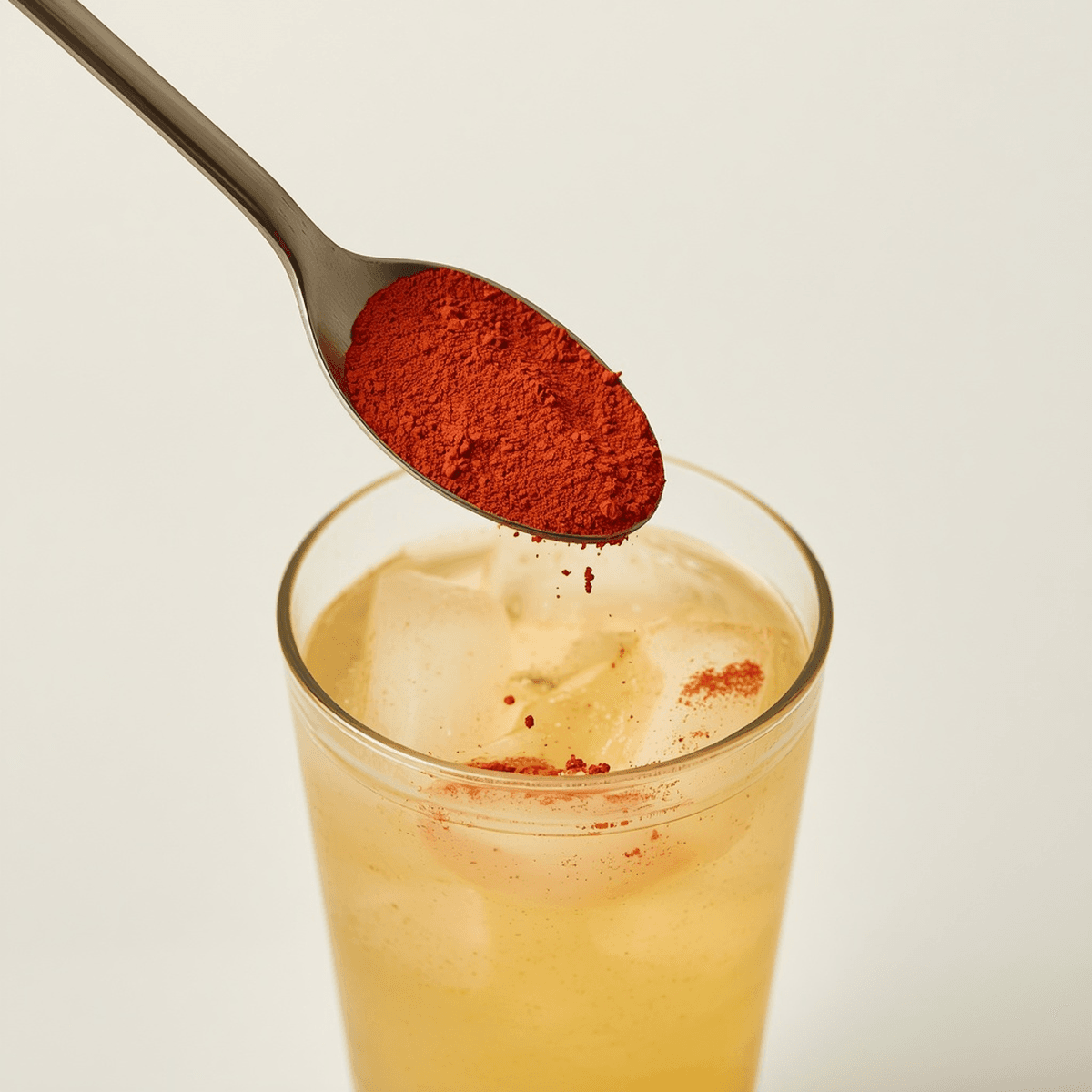 Stirring cayenne pepper into a glass of lemonade
