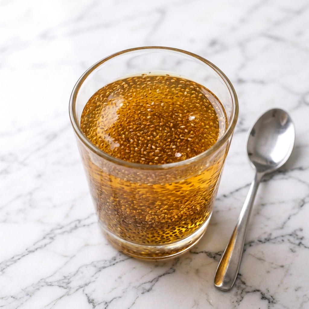Chia gelatin drink in a small glass with a spoon beside it, chia seeds suspended throughout the amber liquid, on a plain white marble countertop with nothing else in frame, soft natural window light, no text, no labels, no packaging, no brand names, no other jars or containers in background, no background drinks, no alcohol, square framing, photorealistic food photography style