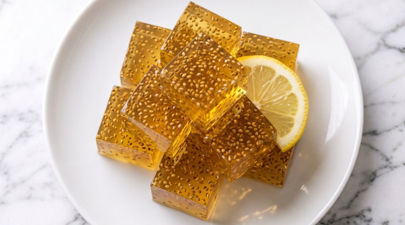 Chia gelatin weight loss recipe cut into cubes with a lemon slice