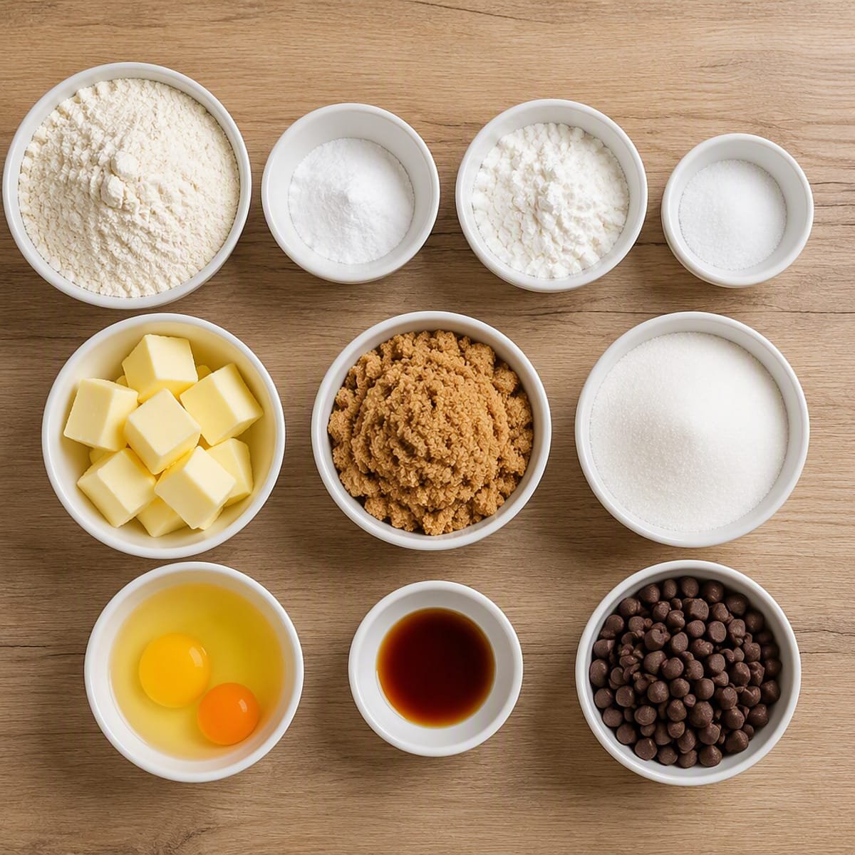 Flat lay of chocolate chip cookie ingredients in individual bowls on a light wooden surface