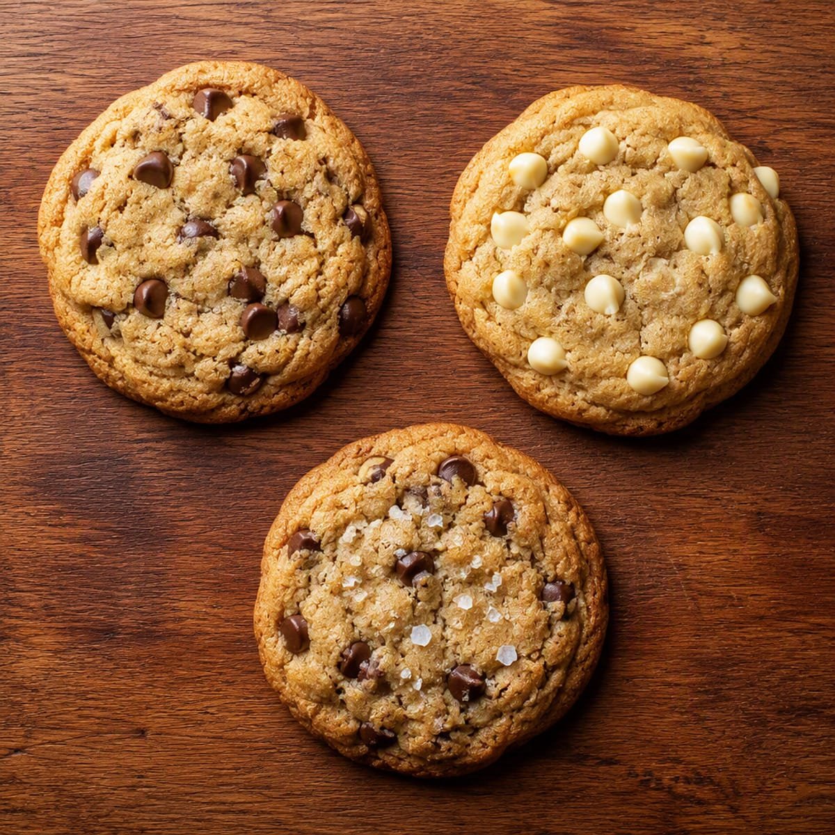 Three small groupings of chocolate chip cookie variations side by side on a wooden board, one plain, one with white chocolate chips, one with sea salt flakes on top