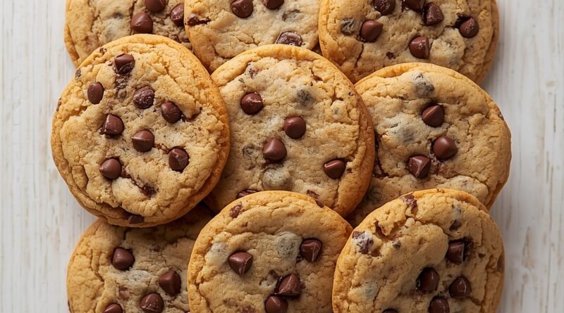 Overhead shot of a cluster of chocolate chip cookies arranged together, chocolate chips visible