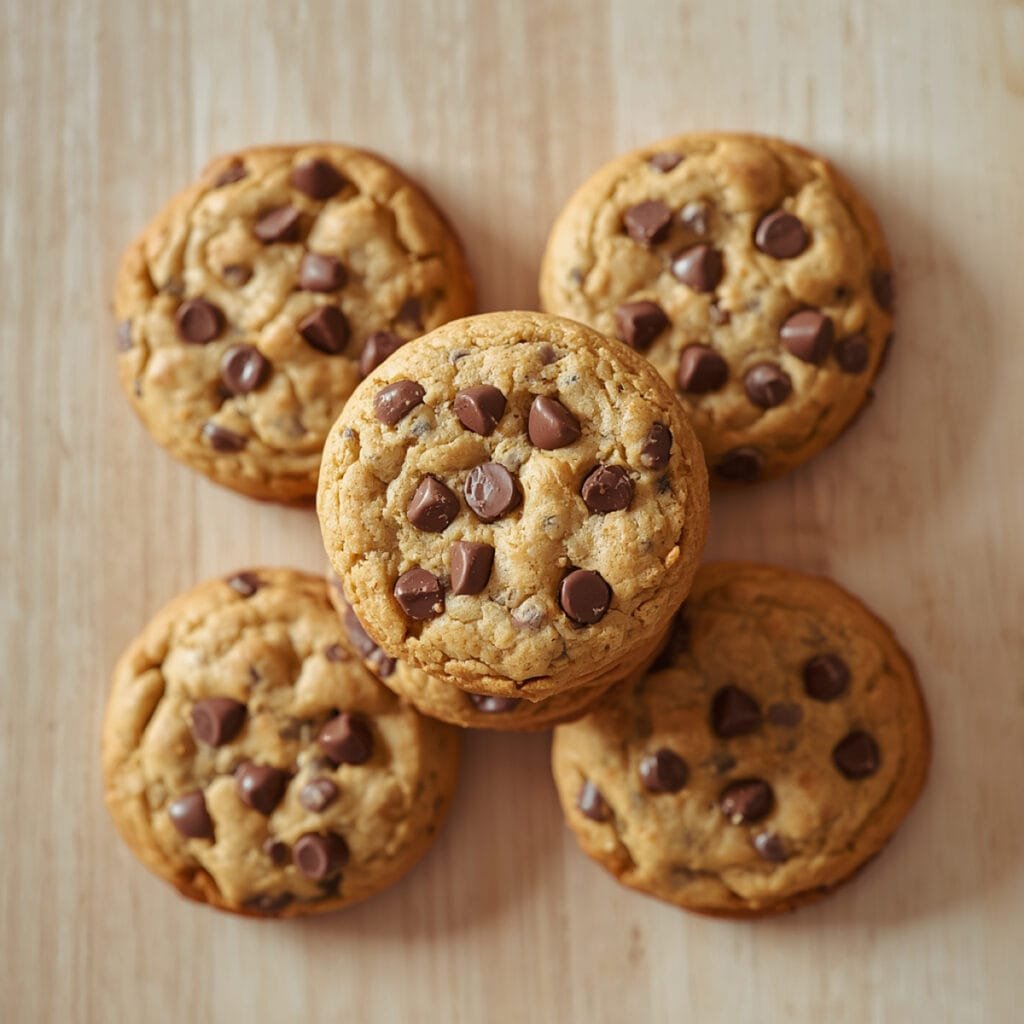 Overhead shot of stacked chocolate chip cookies with melted chocolate chips visible