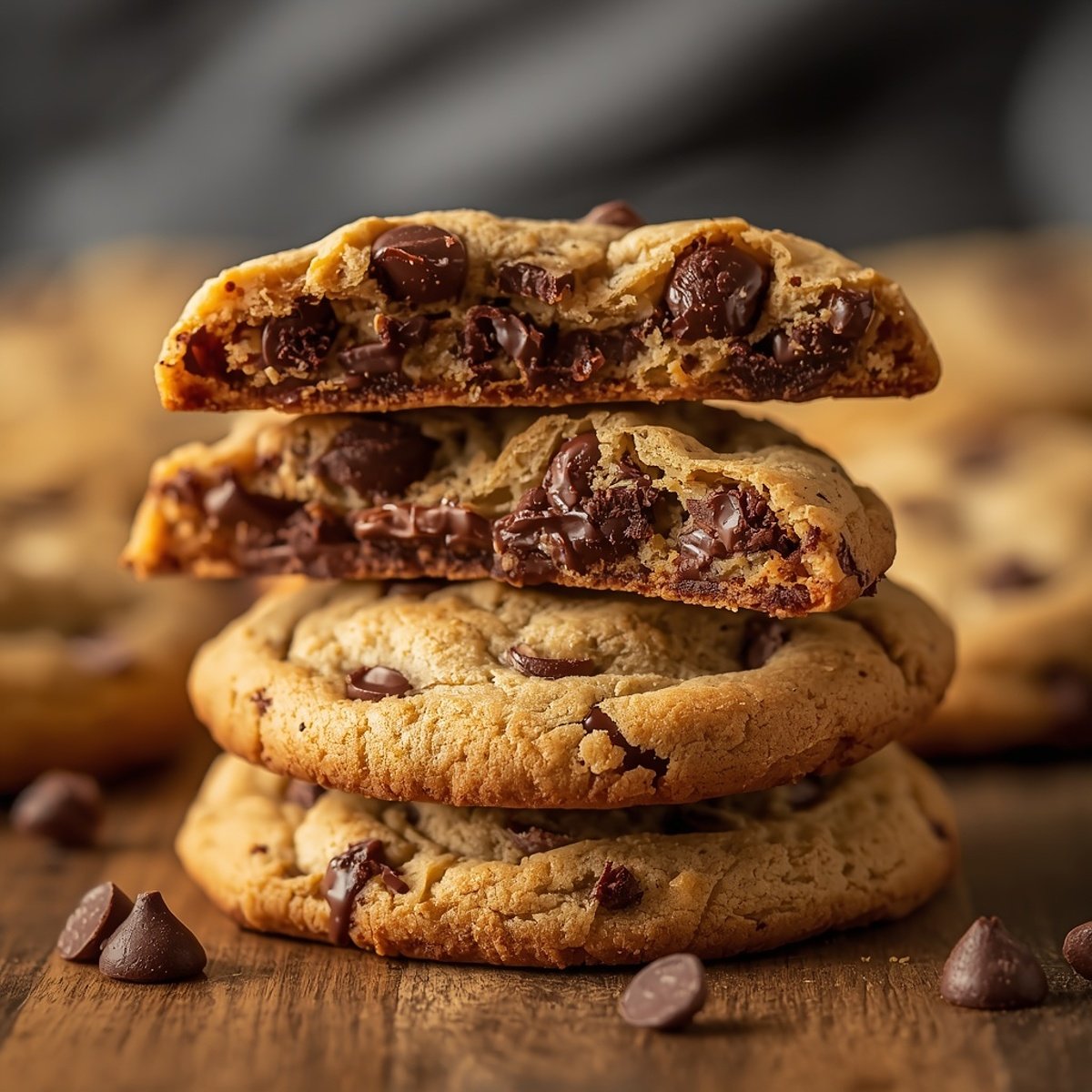 Stacked chocolate chip cookies with visible melted chocolate chips