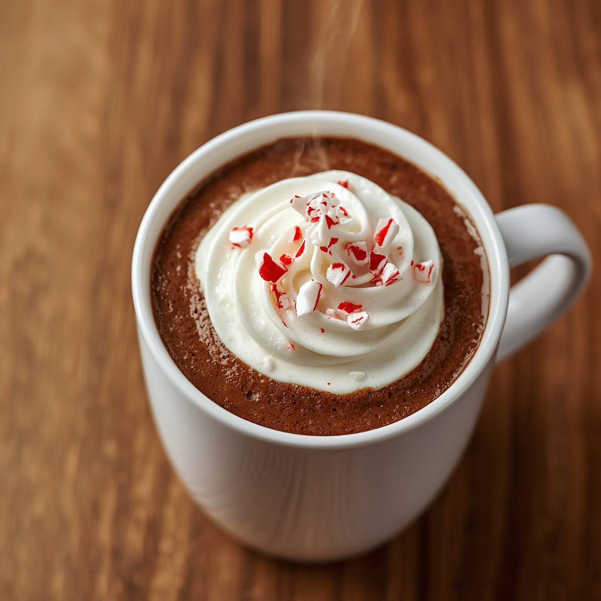 Hot chocolate recipe in a mug topped with whipped cream and candy cane