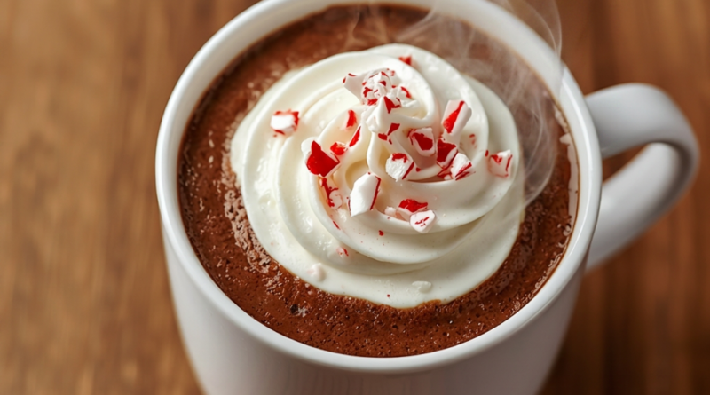 Hot chocolate recipe topped with whipped cream and crushed candy cane