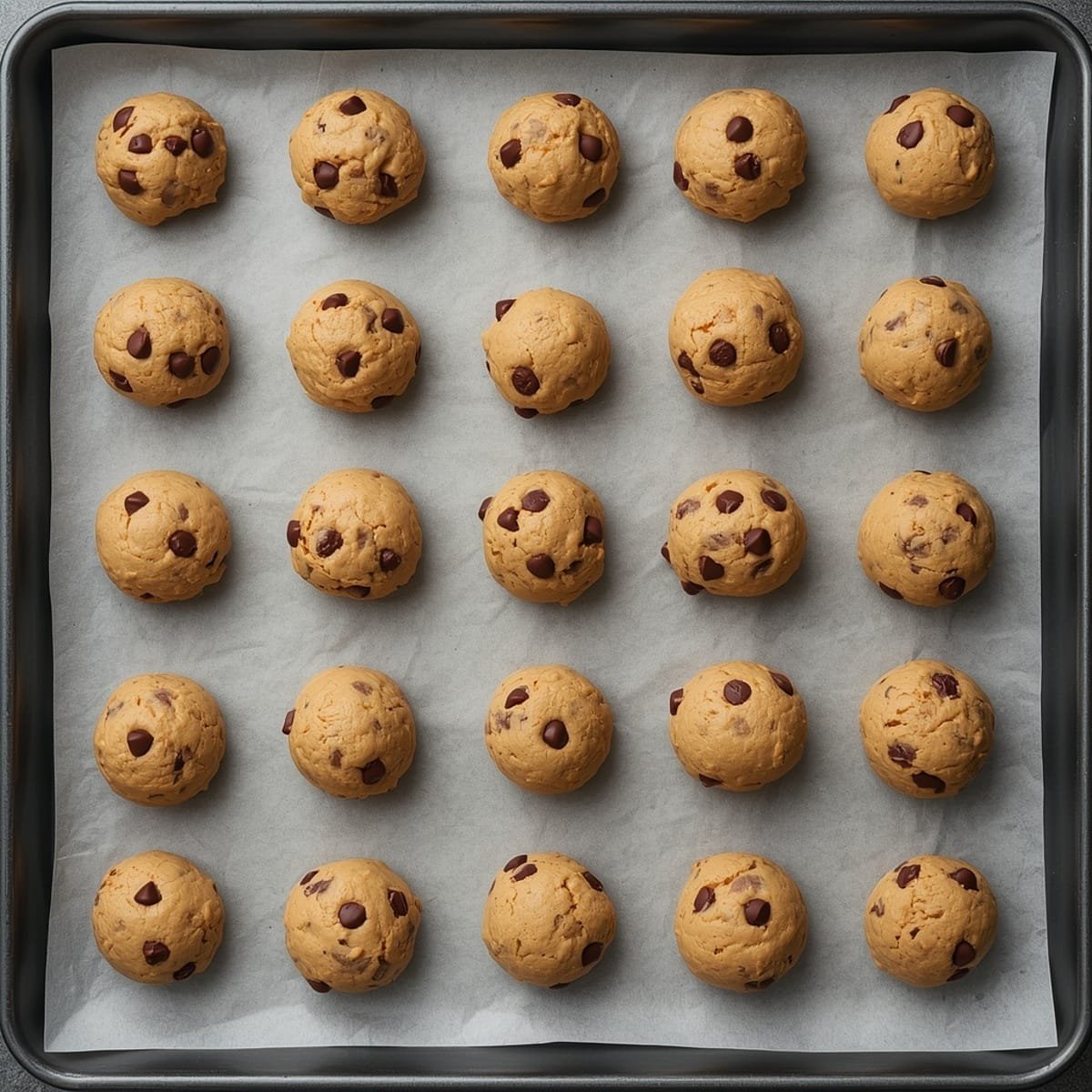 Chocolate chip cookie dough balls arranged on a parchment-lined baking sheet ready to chill