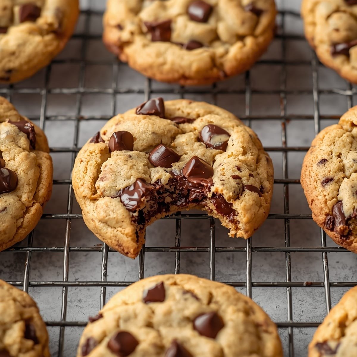 Freshly baked chocolate chip cookies cooling on a wire rack, close-up angle showing golden edges and melted chocolate