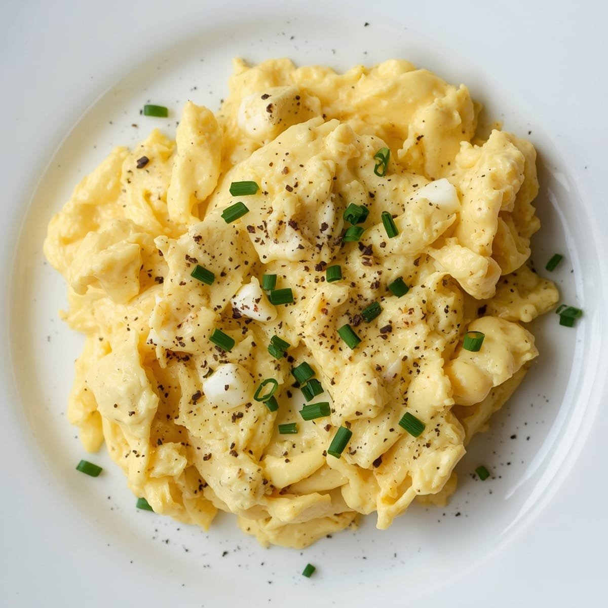 Creamy scrambled eggs with cottage cheese, chives, and black pepper on a white plate