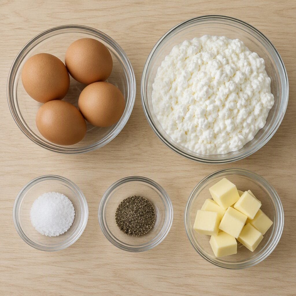 Cottage cheese eggs ingredients laid out in individual bowls