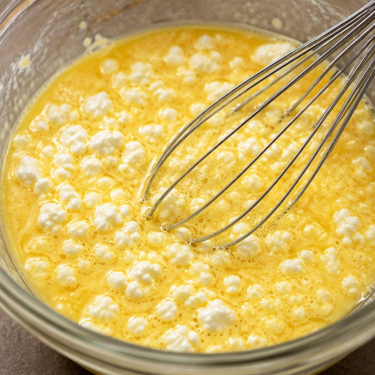 Cottage cheese being stirred into whisked eggs in a glass bowl
