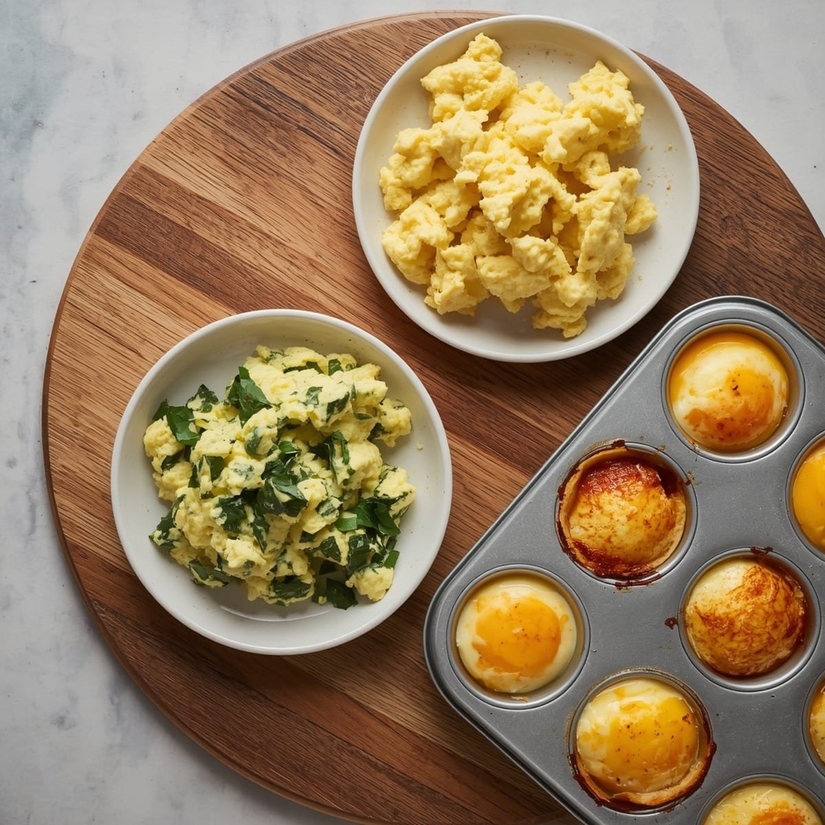 Three cottage cheese egg variations on a wooden board
