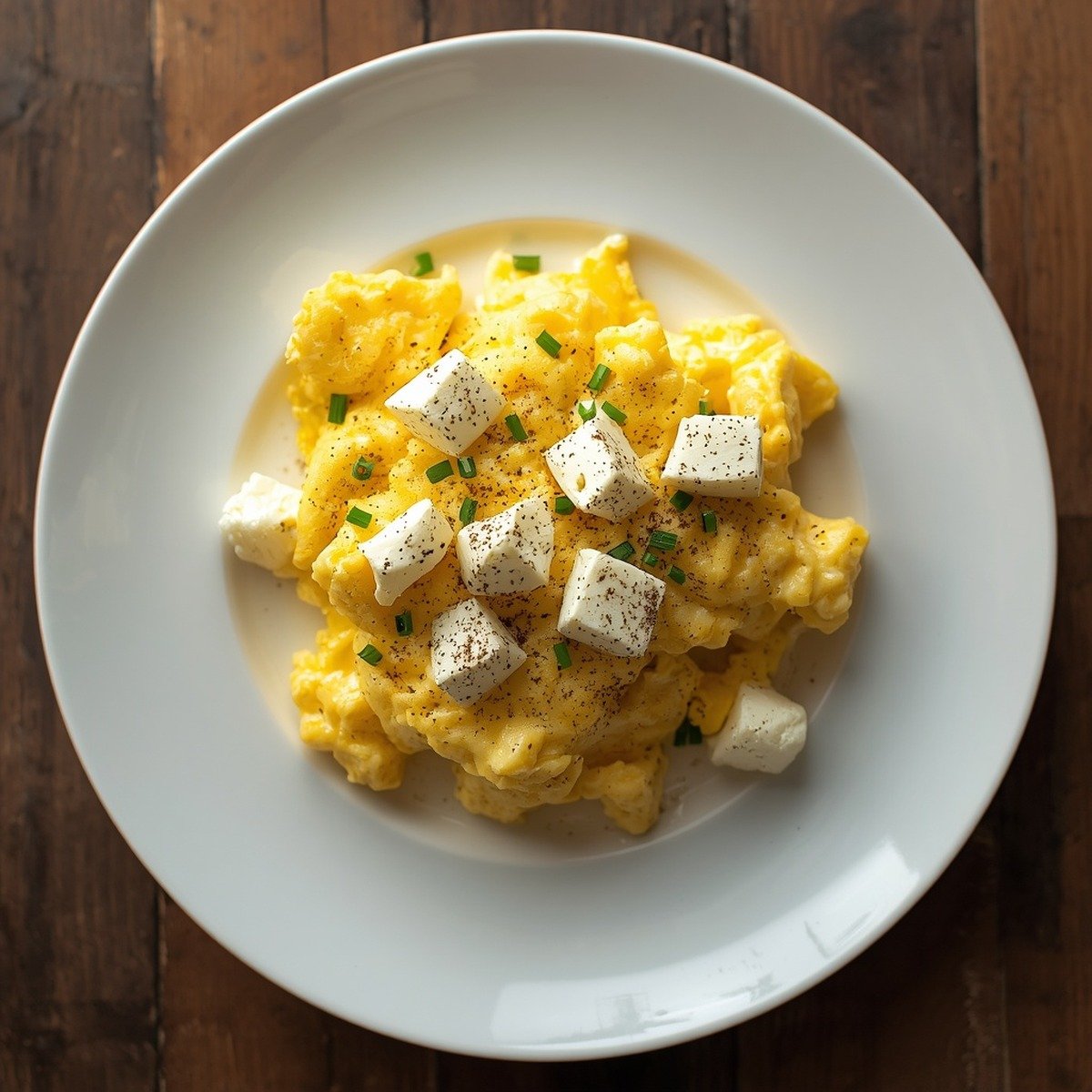 Creamy cottage cheese scrambled eggs with chives on a white plate