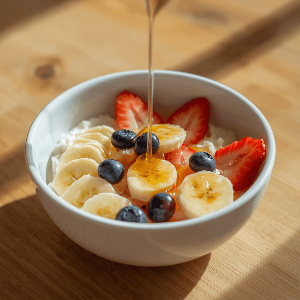 Finished bowl of cottage cheese with fruit and honey