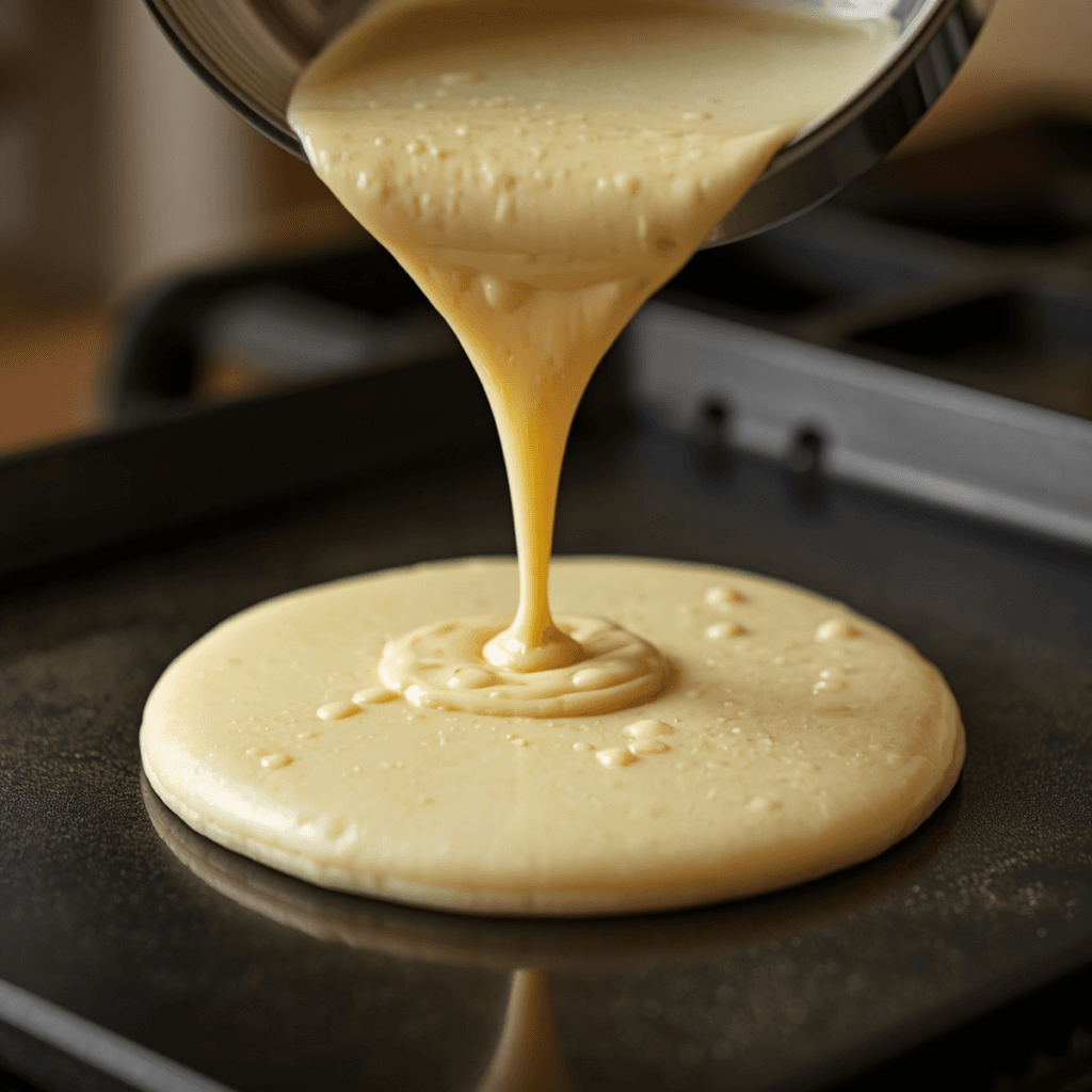 Cottage cheese pancake batter being poured onto a griddle