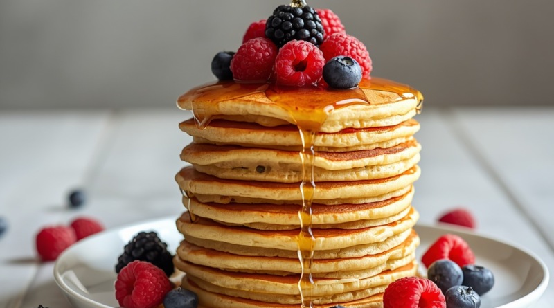 Square shot of a tall stack of golden cottage cheese pancakes on a white plate, topped with raspberries, blackberries, and blueberries, drizzled with syrup, loose berries scattered beside the plate
