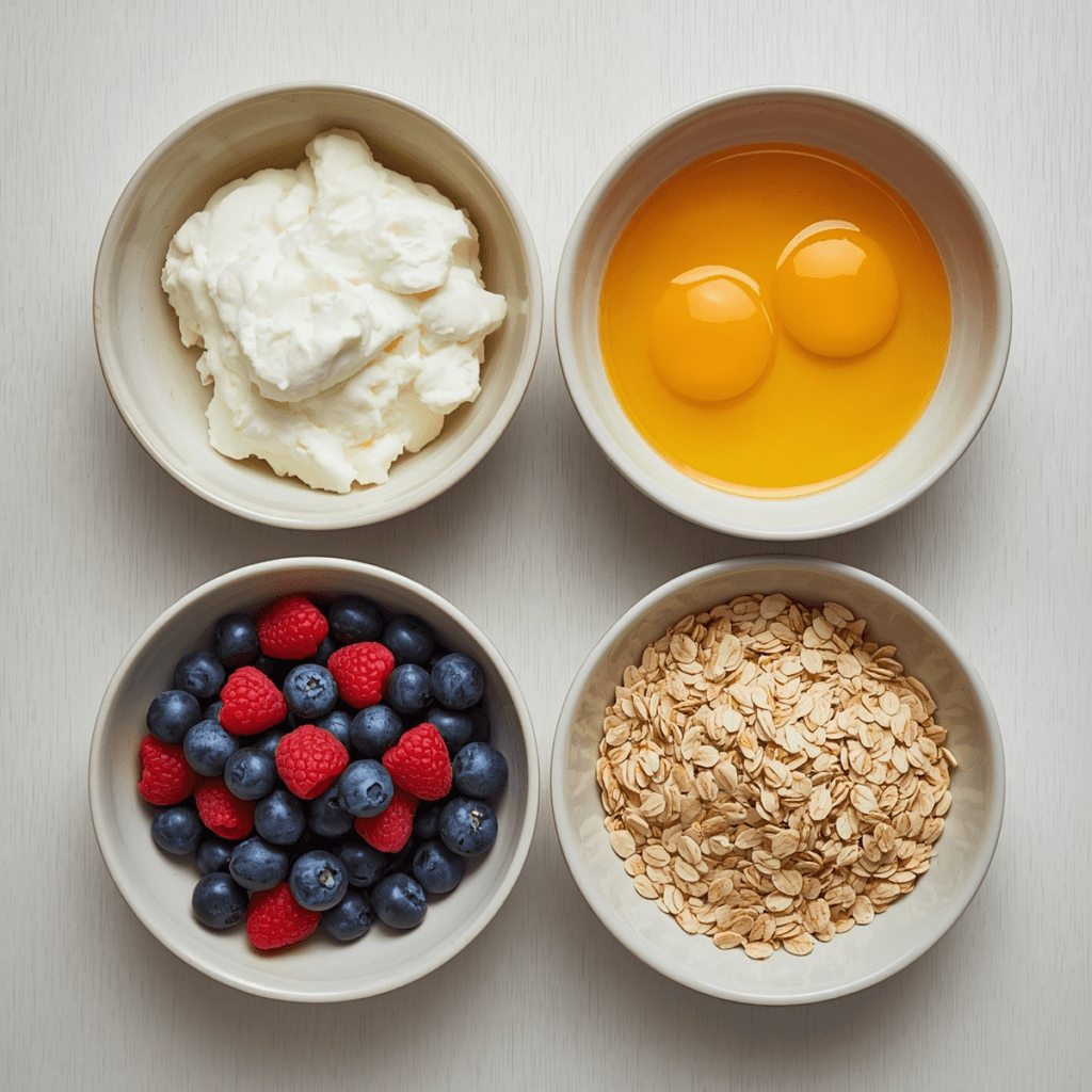 Flat lay of cottage cheese, eggs, berries, and oats in separate bowls