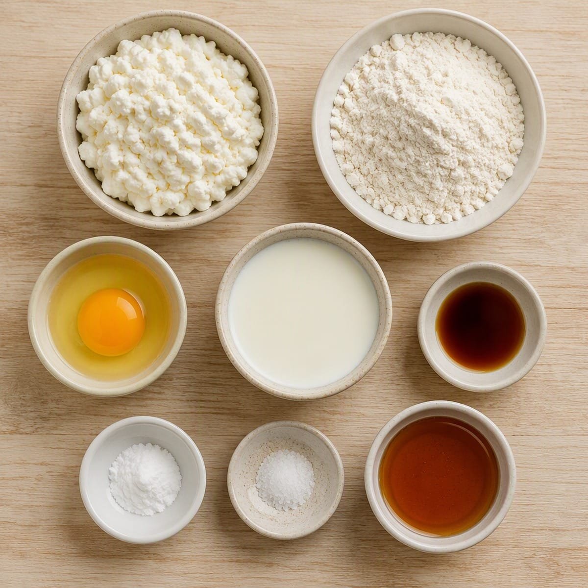 Cottage cheese pancakes recipe ingredients laid out in individual bowls