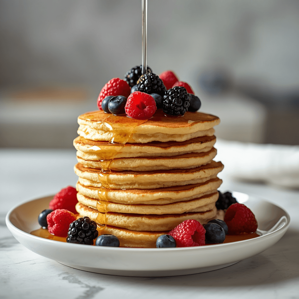 Stack of cottage cheese recipe pancakes with berries on a plate