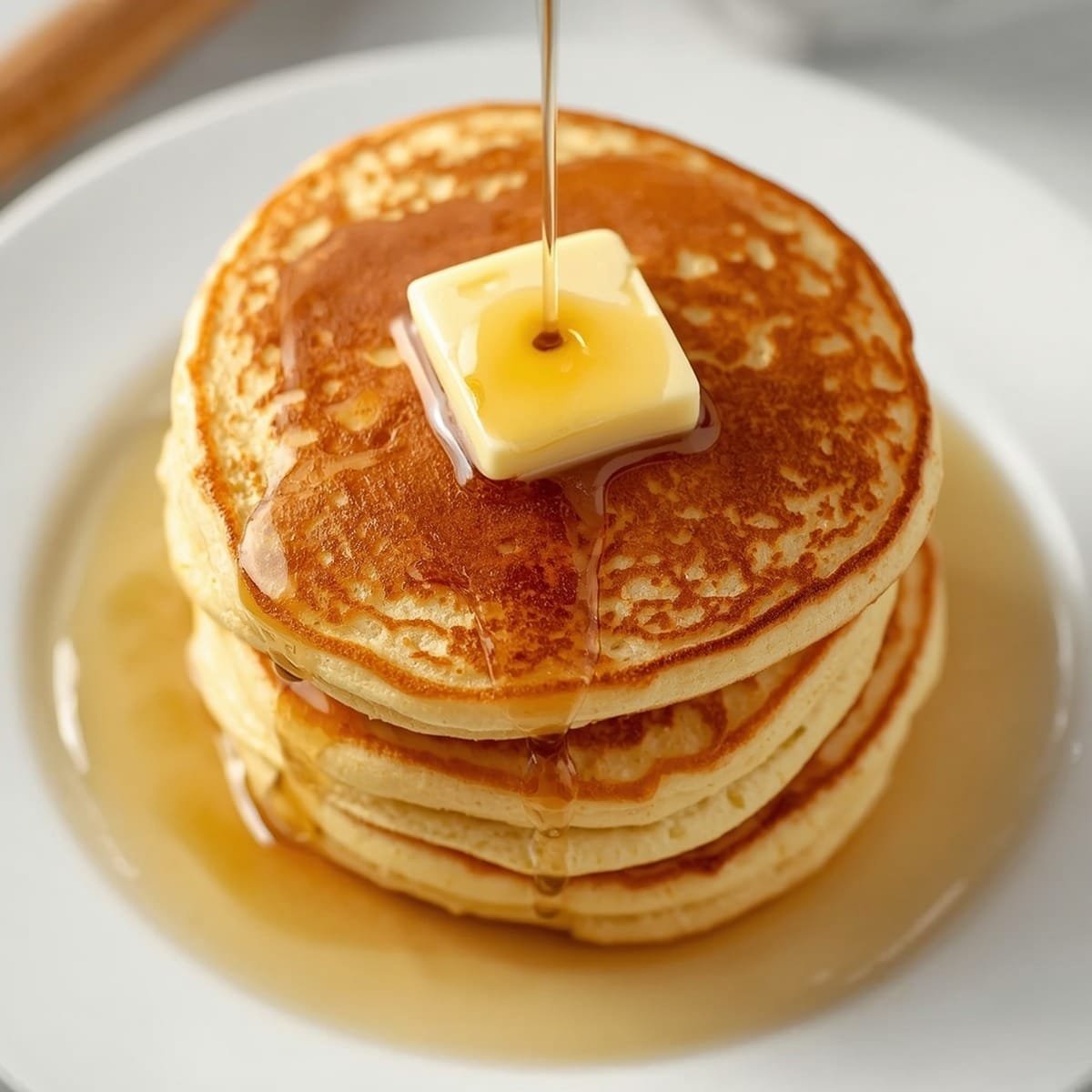 Stack of golden cottage cheese pancakes topped with butter and syrup on a white plate
