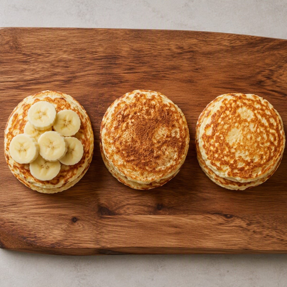 Three cottage cheese pancake variations with banana, cinnamon spice, and plain toppings