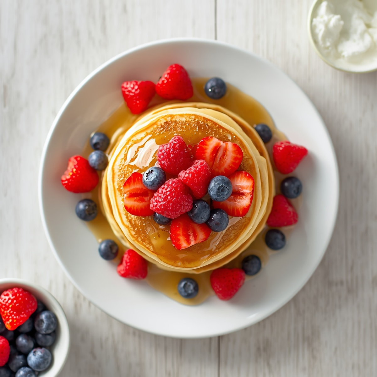 Square overhead shot of a stack of golden pancakes on a white plate, topped with strawberries, raspberries, and blueberries, drizzled with syrup, a small bowl of cottage cheese and loose berries arranged beside the plate
