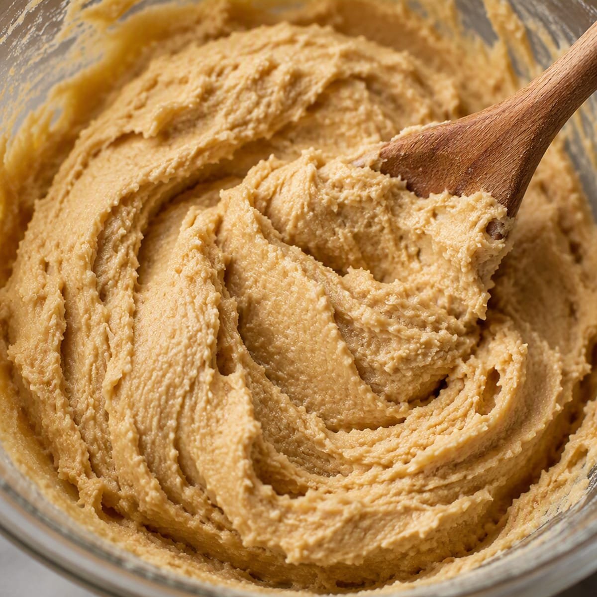 Close-up of creamed butter and brown sugar mixture in a glass mixing bowl, pale and fluffy texture