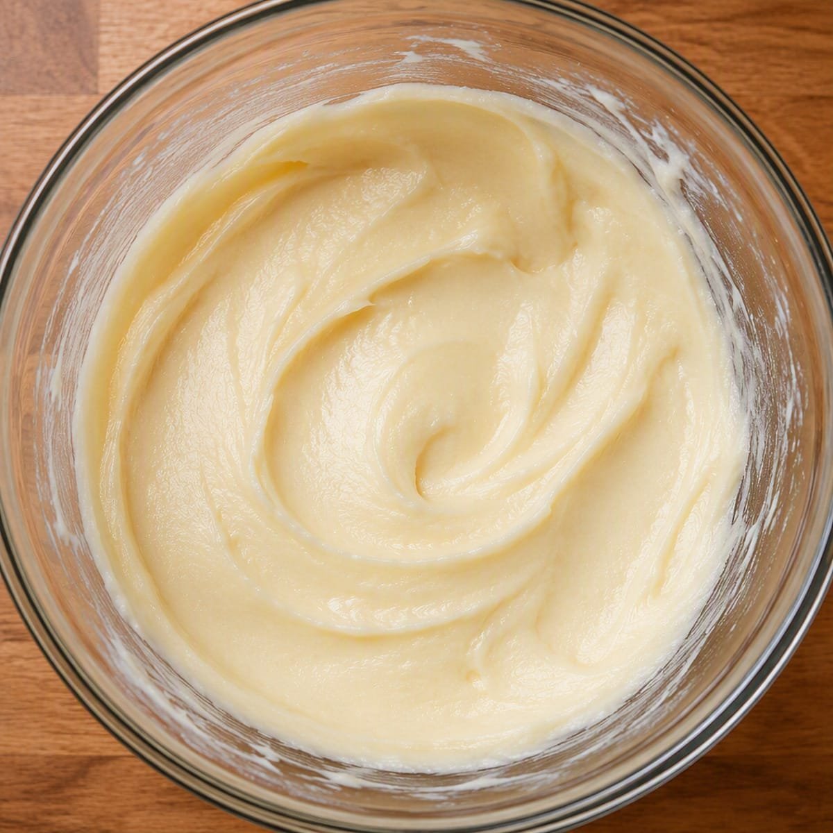 Creamed butter, oil, and sugar mixture in a glass bowl, pale and fluffy from beating