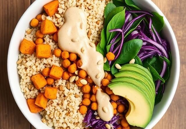 Bowl of buddha bowl recipe with quinoa, roasted sweet potato, chickpeas, and tahini dressing, ready to eat