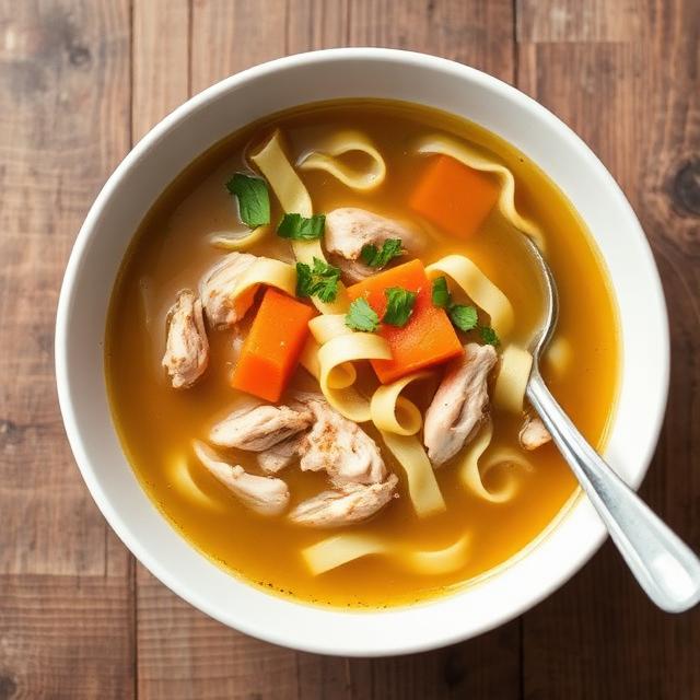Bowl of chicken noodle soup recipe with shredded chicken, carrots, and egg noodles, ready to eat