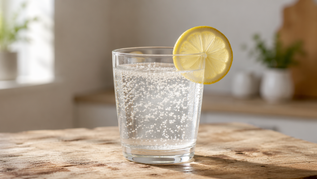 Glass of baking soda water with lemon slice on a wooden kitchen counter