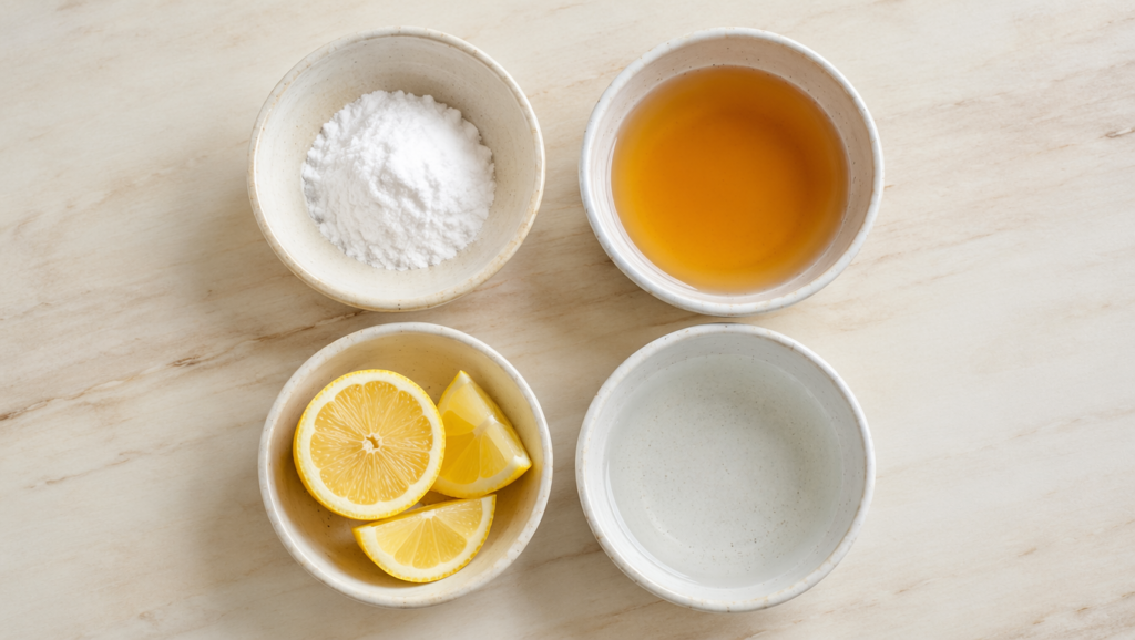 Flat lay of baking soda, apple cider vinegar, lemon, and water in separate bowls