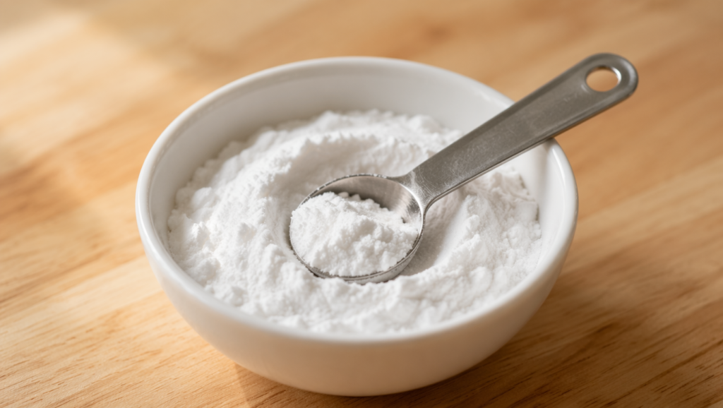Small bowl of baking soda with a measuring spoon on a countertop