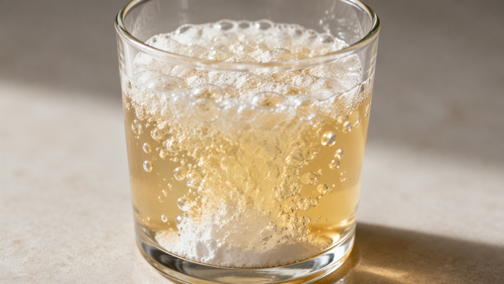 Baking soda and apple cider vinegar fizzing together in a clear glass