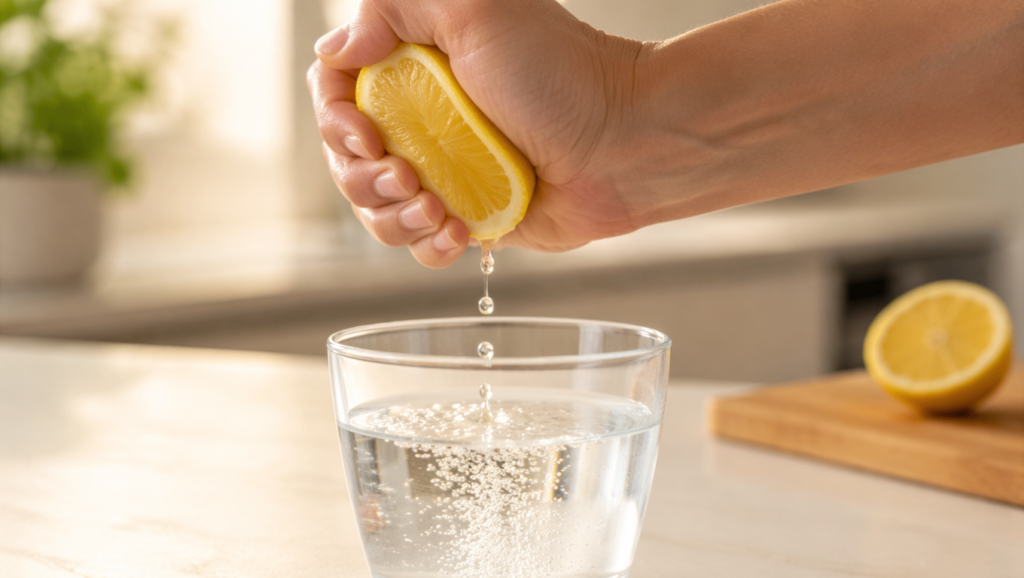 Hand squeezing fresh lemon juice into a glass of baking soda water