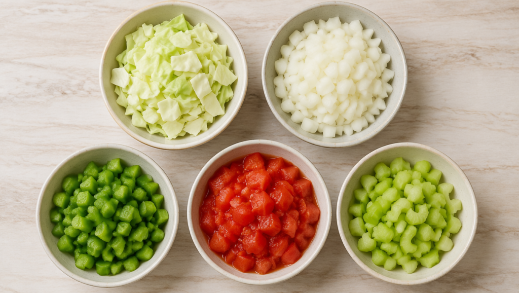 Flat lay of cabbage, onions, peppers, tomatoes, and celery in separate bowls