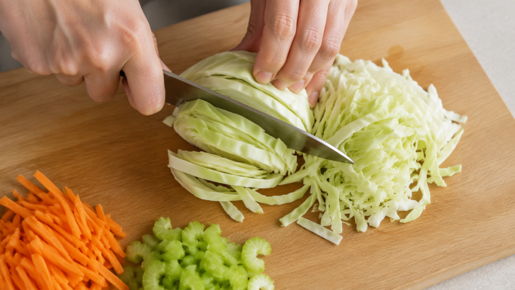 Chopping cabbage and vegetables on a wooden cutting board